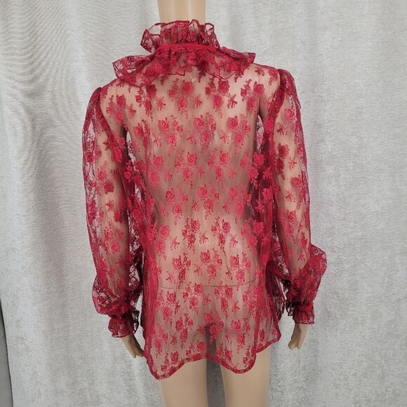 French Cherry Red See Through Lace Coquette Girl Long Sleeves Top Jacket - Picture 11 of 15